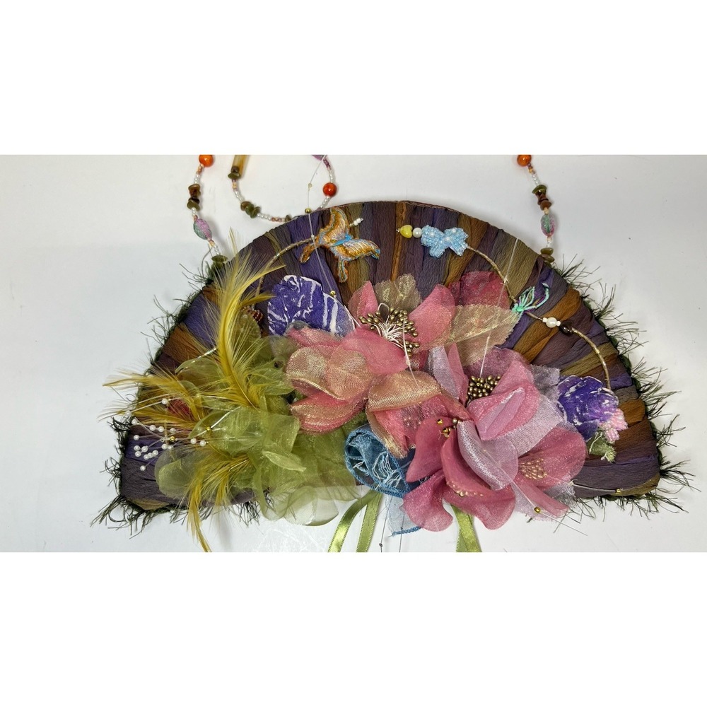 Mary Frances Handbag Multi Colored Handmade Chiffon Satin Beads Butterfly Fan - Picture 2 of 9